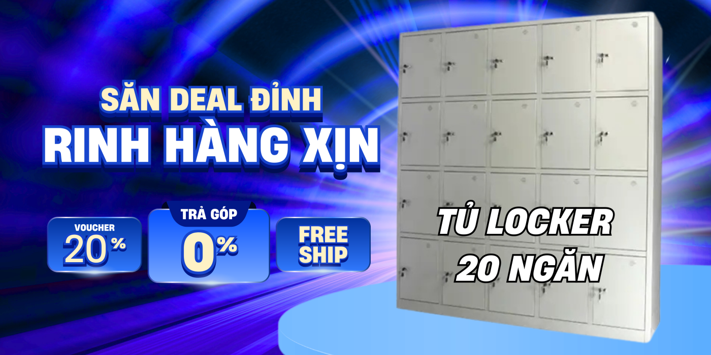 Tủ locker 20 ngăn màu ghi xám tại sảnh văn phòng hiện đại